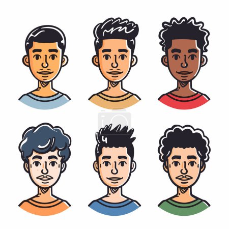 Six diverse male avatars illustrated modern style, face displays unique hairstyle expression, representing various ethnicities. Casual attire suggested simple collar details