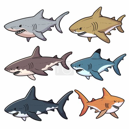 Six cartoon sharks illustrated various colors, depicting different species. Sharks sharp teeth, swimming, illustrated simplified comic style. Ocean predators rendered vibrant hues against isolated