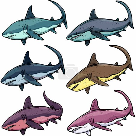 Seis tiburones de varios colores nadando, estilo de dibujos animados, vida marina. Diferentes especies de tiburones, ilustración de la vida marina, depredadores submarinos coloridos. Colección de tiburones, dibujo temático de fauna acuática