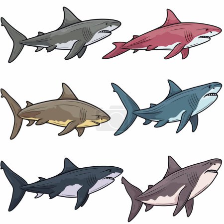 Six cartoon sharks swim various directions colors gray red brown blue vector illustration. Marine life predators sea creatures sharp teeth underwater theme. Cartoon style aquatic fish set ocean