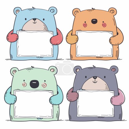 Four cute cartoon bears hold blank signs ready personalization. Bears pastel colors smile while showcasing empty placards messages, announcements. Adorable bear illustrations perfect childrens