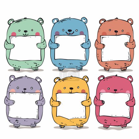Colorful cartoon bears holding blank signs ready customization. Six cute bears green, blue, brown, grey, yellow, red colors presenting empty papers. Childfriendly illustrations playful animals ideal