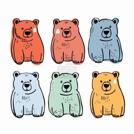 Six cartoon bears colorful doodle art, cute animal characters, children illustration. Red, blue, green, yellow bear drawings, isolated white background, playful teddy designs. Handdrawn sketch style
