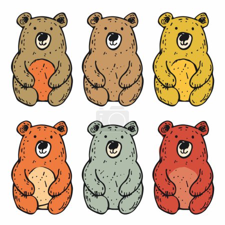 Six colorful cartoon bears sitting, simple doodle style, different colors patterns. Bears look cute, friendly, bear has distinct facial expression, handdrawn style isolated white background