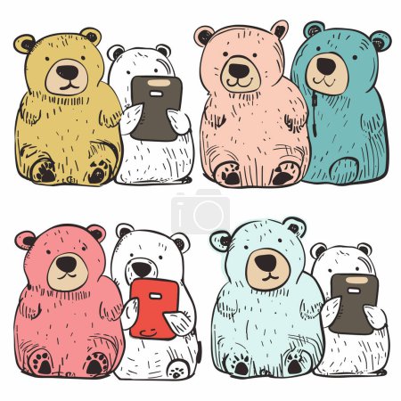 Illustration for Cartoon bears using smartphones, vivid colors, cute bear characters engaged technology. Handdrawn style bears, colorful bears texting, social media theme animal mascots. Dual sets bears, bear - Royalty Free Image