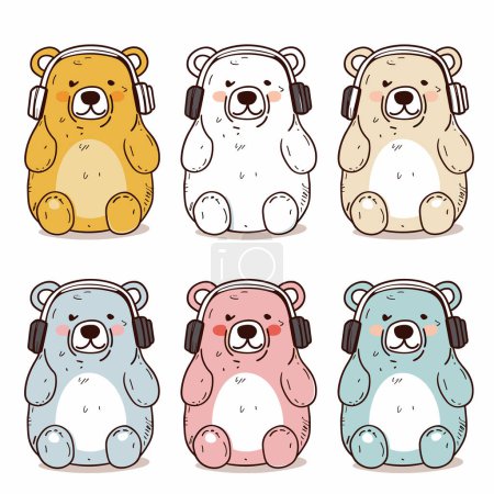 Six cute cartoon bears, different colors enjoying music headphones. Bears seated, eyes closed relaxation, colored shades yellow, white, brown, blue, pink, turquoise. Adorable teddy bears