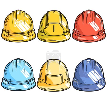 Six colorful construction hard hats arranged two rows. Top row features yellow, gold, red safety bottom row has blue, light yellow, navy. Safety gear construction, engineering