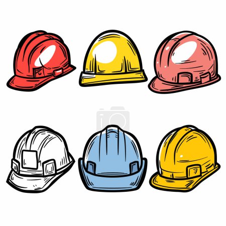 Collection colorful hard hats, safety helmets used construction, engineering. Handdrawn cartoon style helmets, red, yellow, blue, workwear head protection gear. Safety equipment laborers