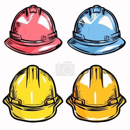 Four colorful hard hats sketched vibrant tones, symbolizing safety gear construction workers, hard hat different color representing diversity choice protective wear. Handdrawn style safety helmets