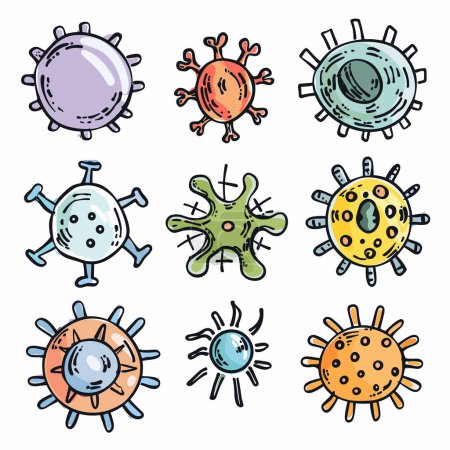 Colorful cartoon virus characters illustrated, various shapes expressions. Handdrawn viral microbes, playful design, biology concept. Cartoon germs, pathogens, cartoonish style isolated white