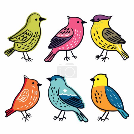 Illustration for Six colorful cartoon birds, simple line art, vibrant colors. Stylized songbirds, artistic drawing, cute avian characters. Handdrawn birds, nature themed illustration, playful design - Royalty Free Image