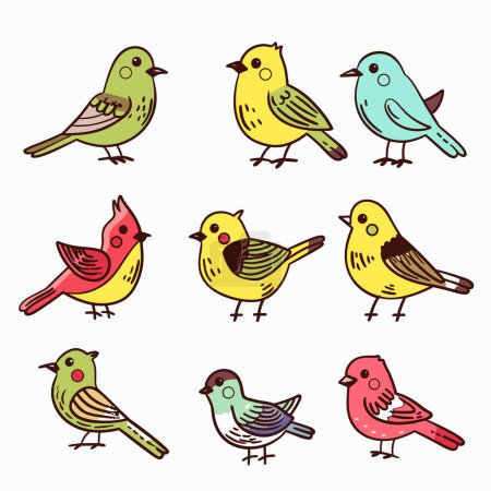 Handdrawn colorful collection birds, cartoon style, isolated white. Set features various small birds unique color schemes, standing side side. Cute avian art bird enthusiasts, cheerful vibrant