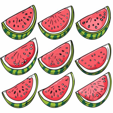 Illustration for Fresh watermelon slices pattern scattered randomly. Juicy red watermelon pieces, ripe summer fruit illustration. Handdrawn seedfilled wedges, vibrant green rind pink flesh - Royalty Free Image