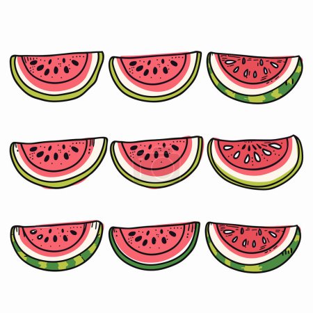 Illustration for Slices watermelon arranged three rows displaying red fruit black seeds, green rind. Handdrawn style watermelon pieces perfect summer refreshment designs, juicy fruit theme. Vibrant pink green colors - Royalty Free Image