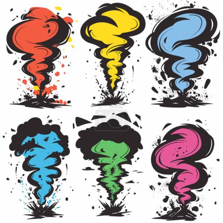 Tornados de dibujos animados coloridos, salpicaduras, remolinos dinámicos, torceduras abstractas. Ilustraciones de tornados vibrantes, concepto de desastre natural, gráficos enérgicos y torbellino. Ciclones de dibujos animados en erupción, salpicados