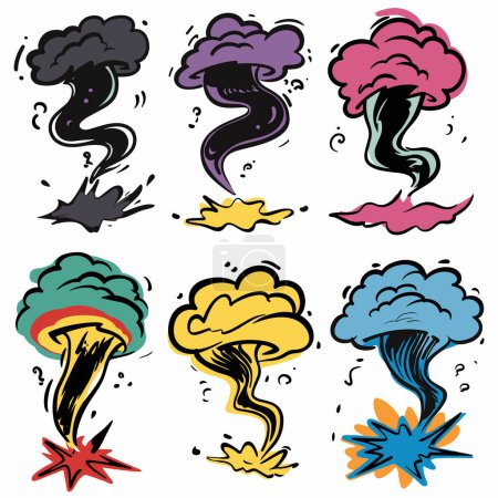 Collection colorful comic style explosion illustrations featuring various smoke puffs blast effects. Vibrant cartoon explosions depict action scenes, perfect stylized graphic designs. Explosions