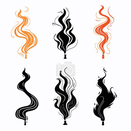 Abstract smoke set various designs swirling curving rising cigarette pipes. Artistic representation smoke wisps collection different styles shapes flames. Elegant trails graphic design elements