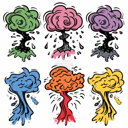 Six colorful cartoon trees expressive crying, various colors emotions. Trees expressions showing sadness, falling raindrops. Expressive nature concept, cartoon style
