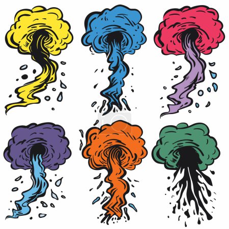 Establecer dibujos animados tornado colorido torcer escombros. Ciclones de estilo dibujado a mano varios colores causando destrucción. Colección vibrantes torceduras, desastres naturales ilustraciones