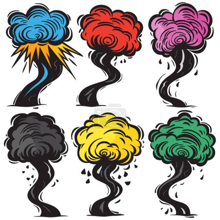 Seis explosiones de dibujos animados remolinos, diferentes colores, estilo cómic. Vibrantes ilustraciones de explosión azul, rojo, púrpura, amarillo, negro, verde, efecto emergente. Nubes de humo dinámicas, formas de torsión