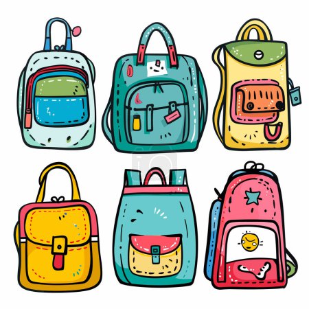 Six colorful doodle style backpacks featuring cute designs, pockets, zippers, straps. Bright primary colors, playful patterns, school bags cartoon faces, isolated white background. Handdrawn look