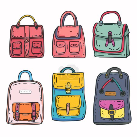Six colorful handbags backpacks illustrated cartoon style variety designs features. Doodle art fashion accessories red, pink, green, blue, yellow, grey bags stylish casual use. Cool trendy handdrawn