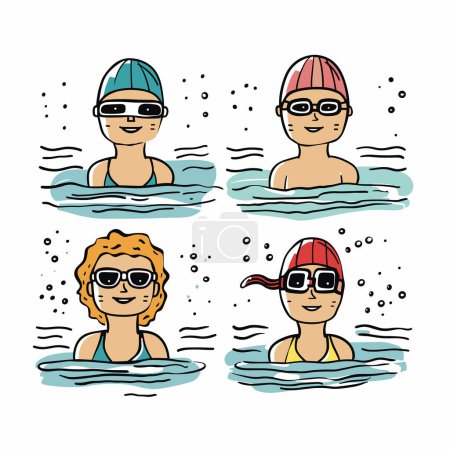 Vier Schwimmer mit Brillenmützen beim Schwimmen, fröhlichem Gesichtsausdruck, Charakter, Wasser bis zu den Schultern, differenzierte Badekappen blau, gemustert rot, durchgehend rot, gelb. Sportlich