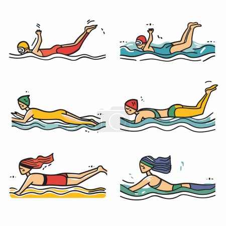 Swimmers illustrated performing different strokes. Cartoonstyle male female swimmers caps swimming freestyle backstroke, showing motion, colorful swimwear, water waves, sporty activity
