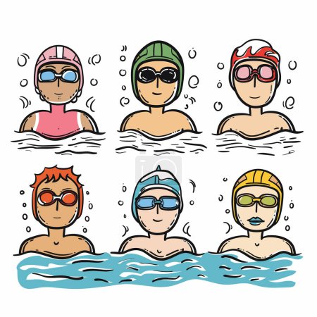 Téléchargez les illustrations : Les nageurs portant des casquettes colorées lunettes de piscine. Six athlètes divers s'entraînent à l'eau, aux sports, à la compétition. Style dessiné à la main nageurs, équipe de natation, sport aquatique activité joyeuse - en licence libre de droit