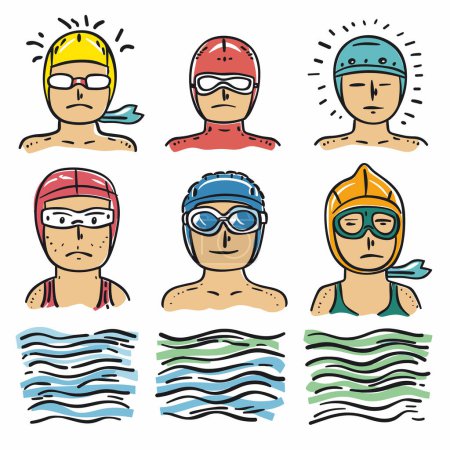 Swimmers wearing goggles caps, various expressions, handdrawn style, above water. Cartoon swimmers, different swim cap colors, swimming pool scene, simple illustrations. Faces swimmers, doodles