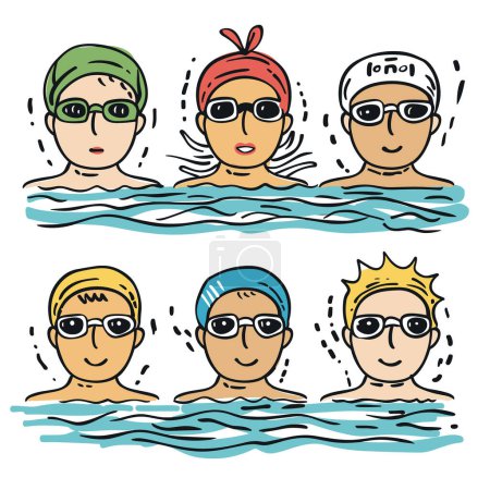 Swimmers wearing goggles swim caps cartoon style water activity. Diverse group swimming pool fun colorful illustration. Hand drawn swim team aquatics sport friendship bonding