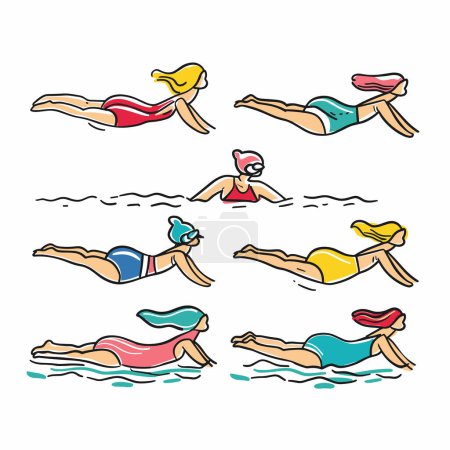 Ilustración seis nadadoras realizando una rutina de natación sincronizada, usando diferentes trajes de baño de colores gorras de natación. Diversas mujeres de dibujos animados muestran la coordinación del equipo de gracia acuática natación