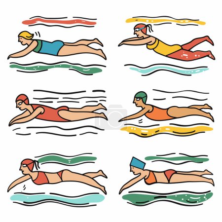 Swimmers cartoon characters performing freestyle stroke, colorful swimwear, different strokes styles, swimming pool lines, diverse swim caps, sports activity, varying swim goggles. Athletic swimmers