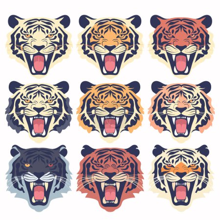 Téléchargez les illustrations : Neuf visages de tigres rugissants, des couleurs différentes, des expressions en colère. Tigres de style graphique, animaux féroces agressifs et grognants. Têtes de tigre vectorielles, ronflantes, multicolores, collection féline sauvage - en licence libre de droit