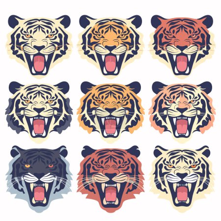 Collection nine tiger faces, showcasing different styles colors, tiger exhibits fierce expression, ideal mascot design. Variations include classic orange, monochrome, fiery red tones