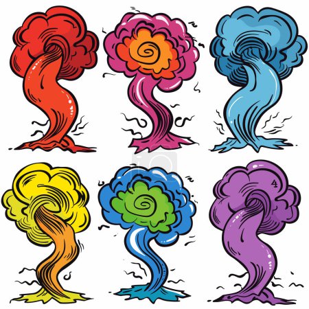 Tornados de dibujos animados coloridos girando movimiento dinámico, seis diseños diferentes. Vibrantes embudos de viento retorcido rojo, rosa, azul, amarillo, verde, púrpura. Estilo cómic fenómeno natural, colorido