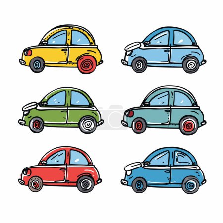 Collection six colorful retro cars cartoon style isolated white background. Vintage vehicles various colors red blue yellow green detailed outlines. Classic miniature cars collection handdrawn