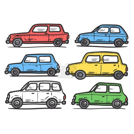 Handdrawn style set compact cars illustrated various colors, reminiscent classic British design. Six vehicles presented red, blue, yellow, green, profile view shown. Cartoonlike representation