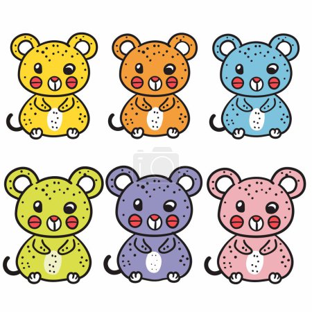 Six cute colorful teddy bears cartoon characters, bear features different main color yellow, orange, blue, green, purple, pink. Bears happy expressions, dotted texture, simplistic design