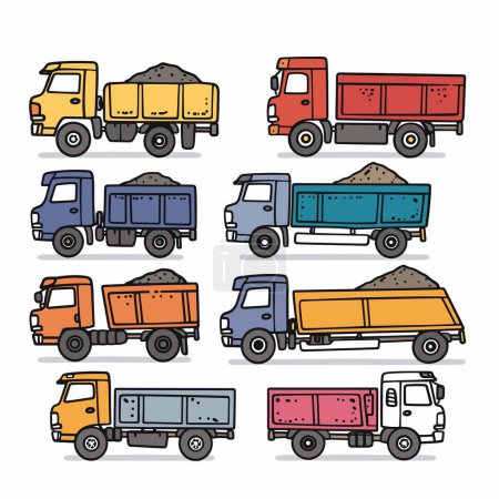 Illustration vectorielle colorée mettant en vedette divers camions remplis de sable, conçu style dessin animé, camion affiche une charge de couleur unique, représenté au format bidimensionnel. Camions apparaissent côté, indiquant