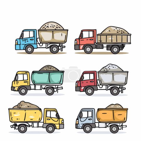 Six dump trucks illustrated various colors carrying different materials. Cartoonstyle graphic construction vehicles, side view, isolated white background. Vibrant colored dump trucks loaded sand