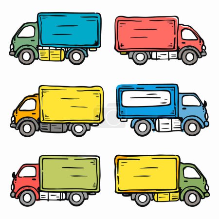 Ilustración de Coloridos camiones de reparto de dibujos animados alineados, camión de diferentes colores. Transporte de vehículos de estilo artesanal, logística de carga. Rojo brillante, azul, amarillo, camiones de reparto verdes aislados, vista lateral - Imagen libre de derechos