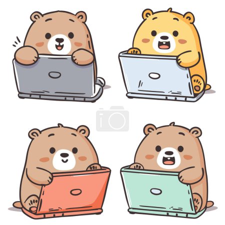 Four cute cartoon bears using laptops, different colored laptops expressing various emotions. Top left brown bear looks happy, top right yellow bear seems surprised, bottom bears look content
