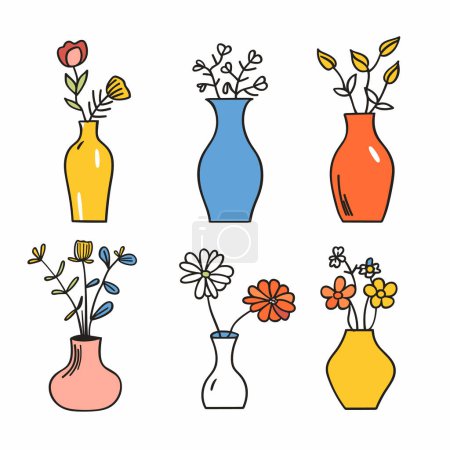 Sechs bunte Vasen Blumen, einfache Linienkunst, modernes Dekor. Bunte Vasen, minimalistisches florales Design, Wohndekoration. Handgezeichnete Blumenvasen, Farbpalette, isoliert