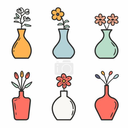 Sechs bunte Vasen Blumen säumen Kunst Vektor Illustration. Einfache dekorative Blüten orange, blau, rote Keramikvasen. Flaches Design Stil Blumenarrangements Grafik isoliert weißen Hintergrund