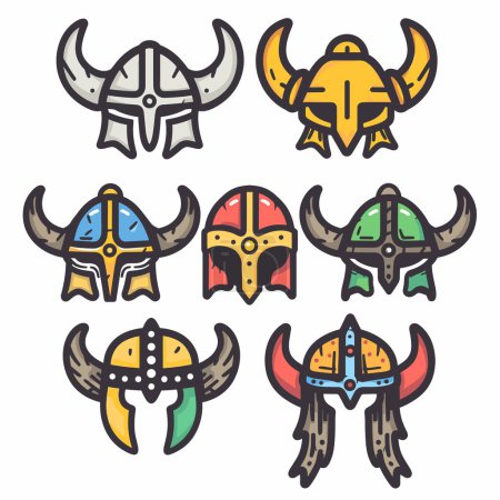 Illustration for Collection Viking helmets colorful cartoon styles. Norse warrior helmets icons, medieval headgear roleplay, games. Horned Nordic helmets, vibrant colors, historical costume elements - Royalty Free Image