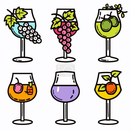 Set six colorful wine glasses different fruits, representing various fruit wines cocktails. Bold outlines, bright colors, cartoon style, suitable menu design beveragethemed graphics. Fruits include