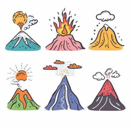 Collection colorful doodle mountains mountain unique, displaying eruptions, snow, sun, clouds. Handdrawn style nature landscape, cartoon mountains, volcanic activity, snowy peaks