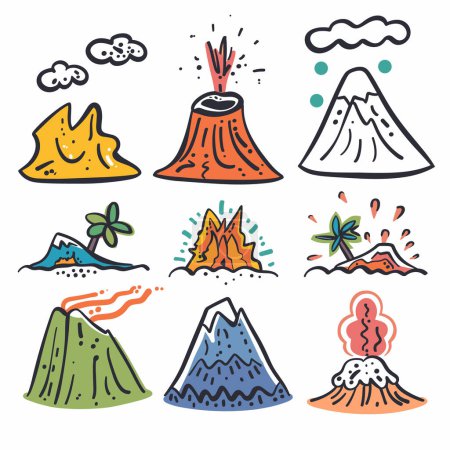 Volcans de dessin animé à la main en éruption, paisible, de différentes formes couleurs, palmier tropical. Style d'art de doodle vibrant, géologie, éducation de géographie, activité de lave colorée, catastrophe naturelle. Caricature