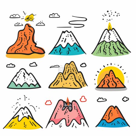 Téléchargez les illustrations : Collection volcans de dessins animés colorés en éruption, dormants, de diverses formes. Volcans vibrants dessinés à la main fumée, lave, casquettes de neige, nuages doodle soleil. Différents types de volcans représentés amusant - en licence libre de droit